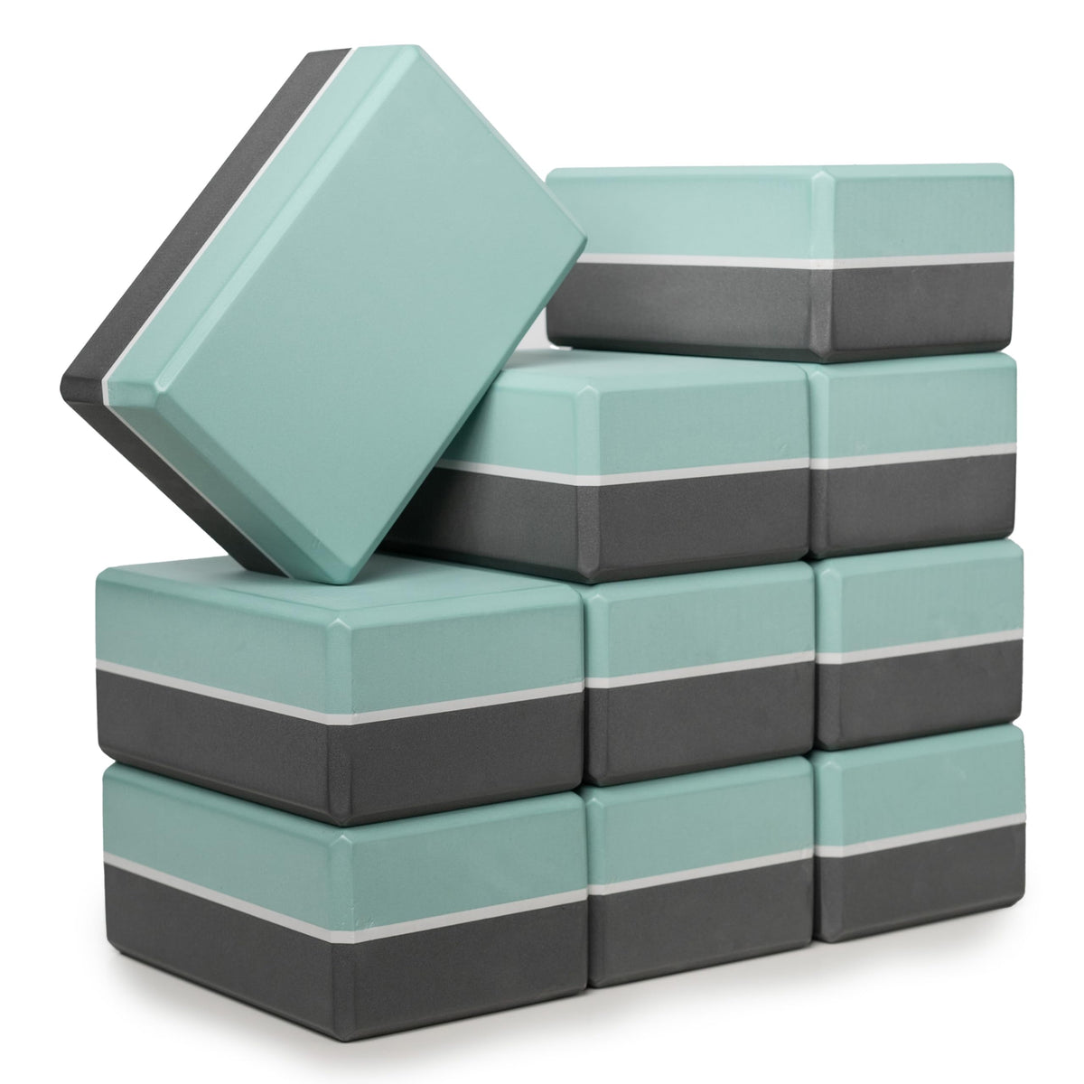 Sunshine Yoga 4" Striped Yoga Block, 10 Pack Bulk EVA Foam Yoga Blocks, Firm and Supportive Yoga Brick, Balance Foam for Stretching, Pilates, and Workout, 4" x 6" x 9", Smoky Sage