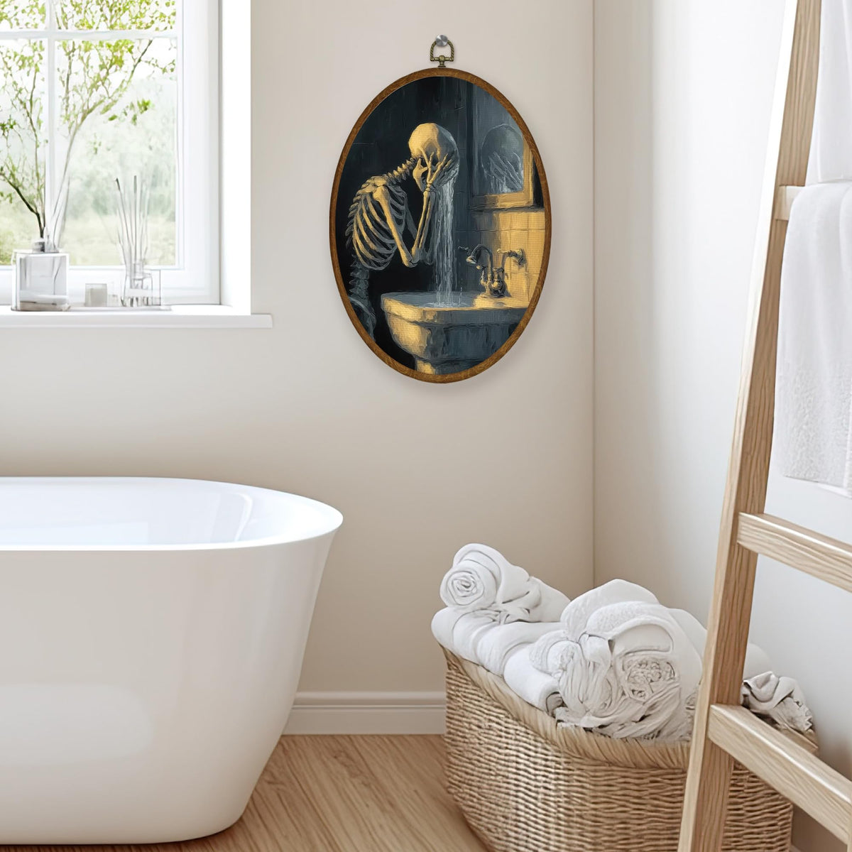 WULQYING Funny Halloween Skeleton Bathroom Wall Art Decor, Gothic Skeleton Oval Framed Canvas Art Prints, Spooky Halloween Wall Hanging Decor for Bathroom Washroom Restroom Toilet, 8.6x11.4 Inches