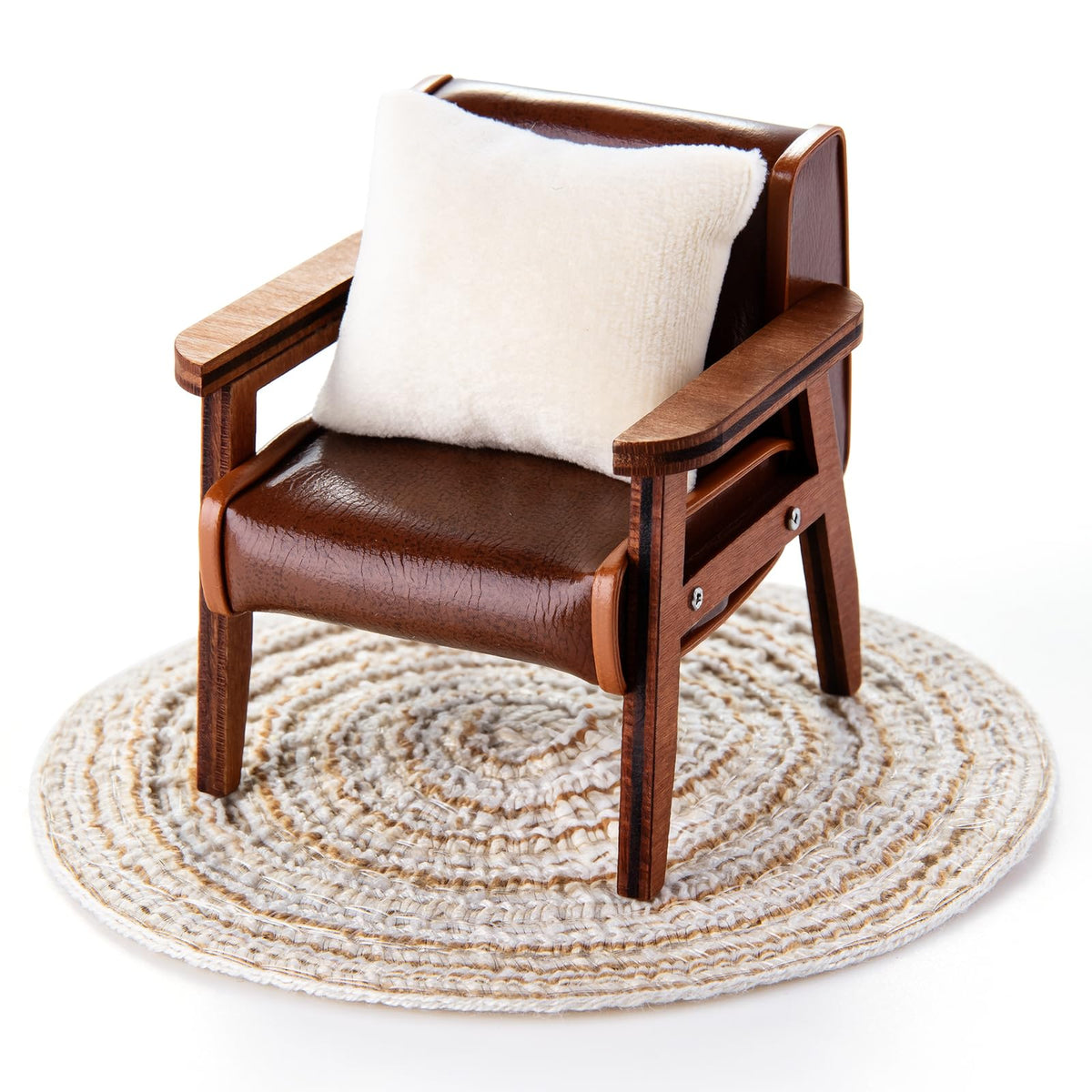 Minamzee 1:12 Dollhouse Couch Furniture Set, 3pcs Dollhouse Living Room Set，Wooden and Leather Armchair ，White Pillow and Beige Round Blanket, Accessories Furniture for Living Room, Bedroom