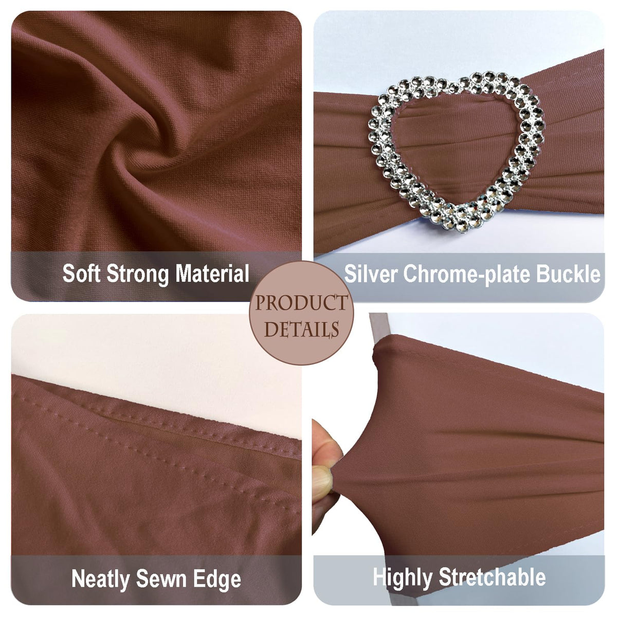 Fbewom Brown Chair Sashes 60 Pack Spandex Brown Sashes for Chairs Universal Spandex Chair Sashes Bands with Heart Buckle Slider for Wedding Banquet Party Decorations