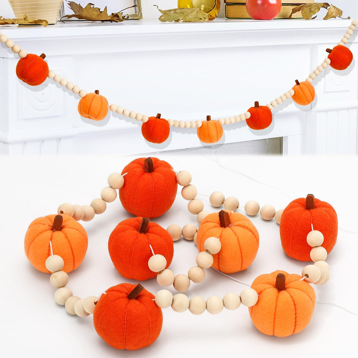 JarThenaAMCS Fall Felt Pumpkin Garland 8.2FT Wood Bead Garland with 3D Pumpkin Autumn Hanging Banner for Thanksgiving Home Wall Fireplace Decor