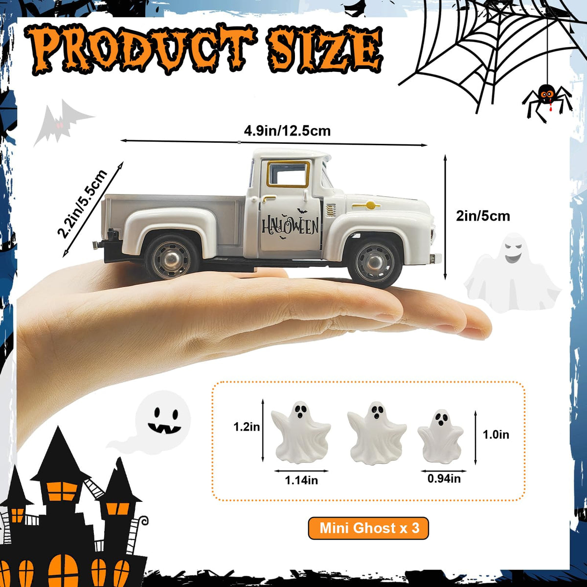YimiBloss Halloween Decorations - Mini Cute Farmhouse Style Halloween Metal Truck Decor with 3 Removable Mini Ghost Ornaments for Tabletop, Tiered Tray, Shelf, Fireplace and Home Indoor Décor