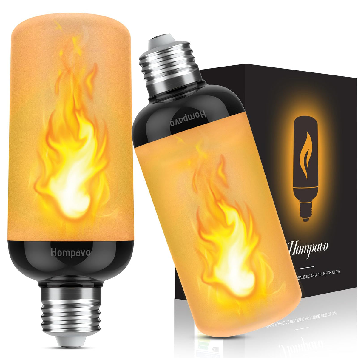 Hompavo Gen2 LED Flame Light Bulbs, Like Real Fire 4-Mode Flickering Light Bulbs with Upside Down Effect, E26 Flame Bulb for Halloween Christmas Party Patio Porch Home Indoor & Outdoor Decorations, 2