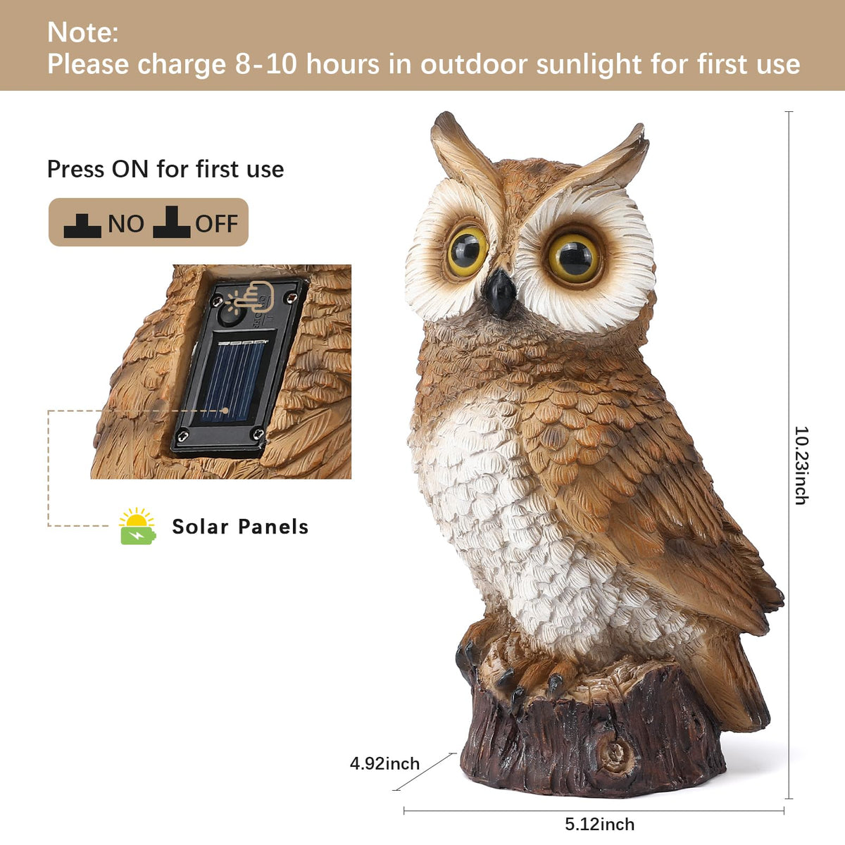 WONDHOME Solar Owl Garden Statues Outdoor Decor Resin Owl Figurine with LED Lights Owl Sculpture for Porch Patio Lawn Yard Decorations Christmas Housewarming Gifts for Women Mom,Brown Owl