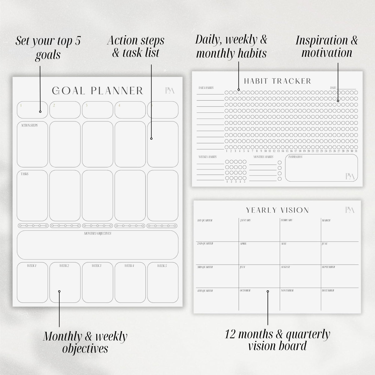 Magnetic Goal Planner Set: Reusable Dry Erase Habit Tracker, Vision Board, Purpose Planner and Workout Calendar Minimalist Wall Calendar Aesthetic Planner, Year at a Glance Wall Calendar 2025