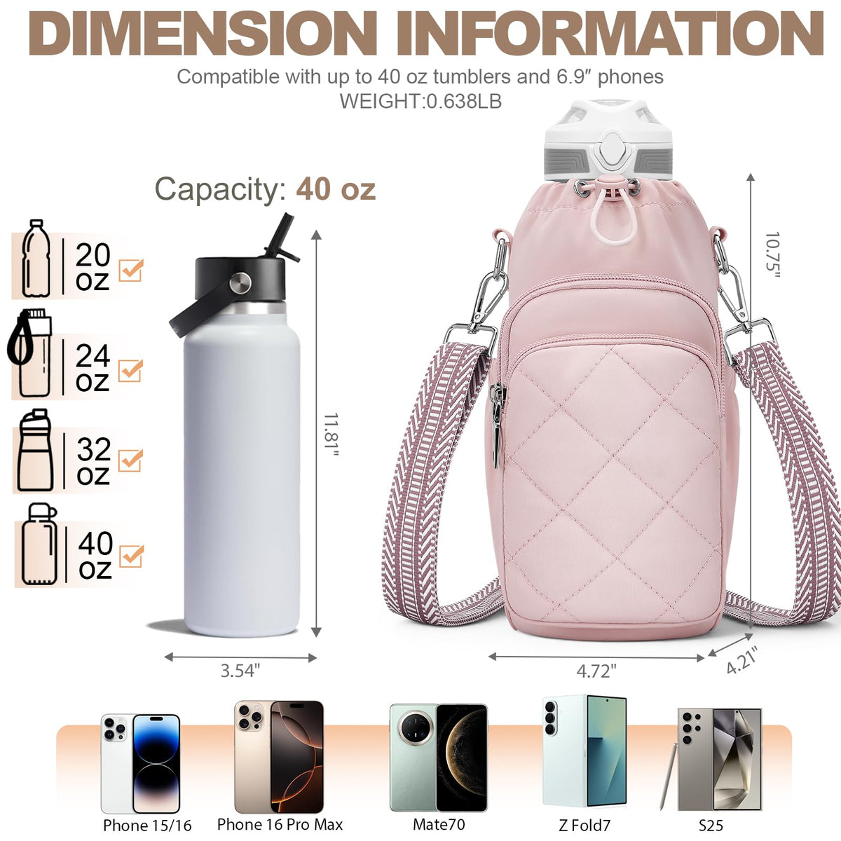 SYTRAH Water Bottle Bag Crossbody，Insulated Water Bottle Purse Crossbody Water Bottle Holder with Strap 40 oz, Sling Bag for Walking Hiking, Pink