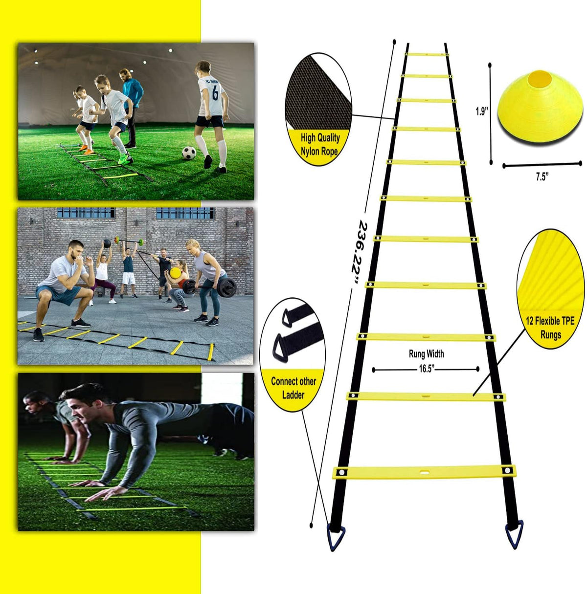 ENDIESS Agility Ladder Set 20ft, 4 Hurdles, 12 Soccer Cones, Jump Rope & Running Parachute - Speed Agility Training Equipment for Soccer Fitness Kids Youth Adults