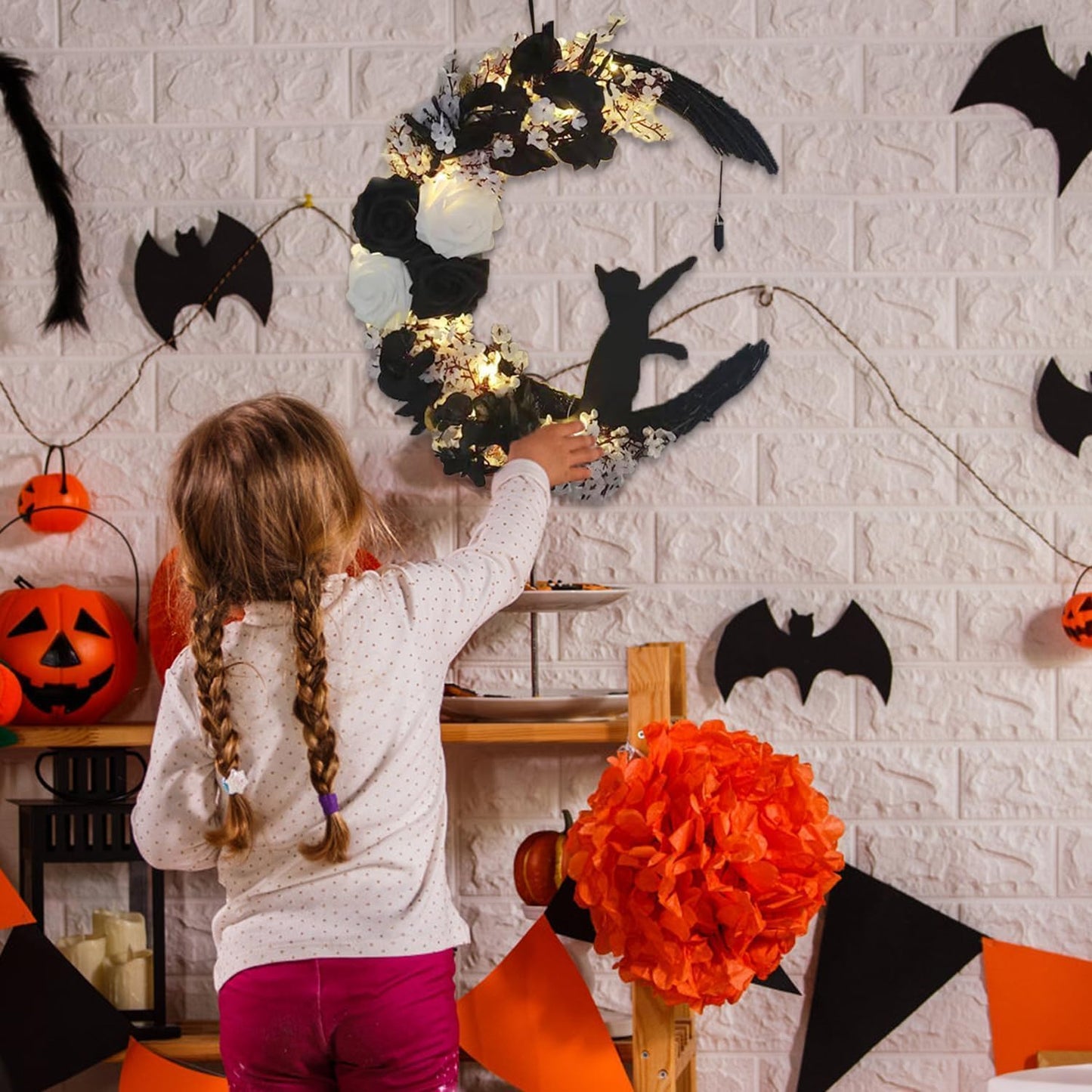 Black White Halloween Wreath with Lights, Crescent Moon Cat Gothic Wreath with Black Rose, Witchy Dark Spooky Front Door Decor for Indoor Wall Home (Black, with Lights)