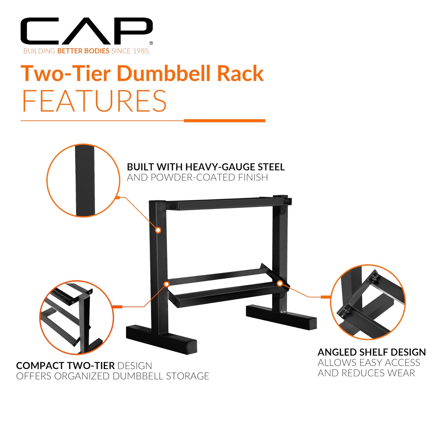 CAP Black 24-Inch Dumbbell Storage Rack for Home Gym, 2-Tier Heavy-Duty Steel Weight Rack for Hex Dumbbells, Holds 5lb - 25lb Pairs