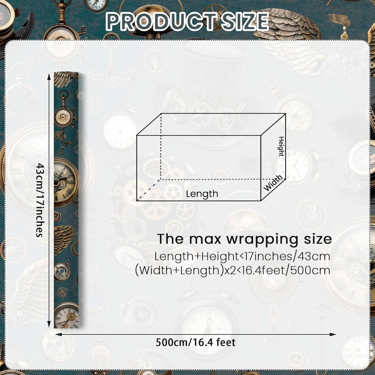 Joviwrap Watch Wrapping Paper Roll, Mechanical, Gears Vintage Clock Print Gift Wrap Steampunk Vintage Gift Wrapping Paper for Party, DIY Craft Projects, 17 Inches x 16.4 Feet