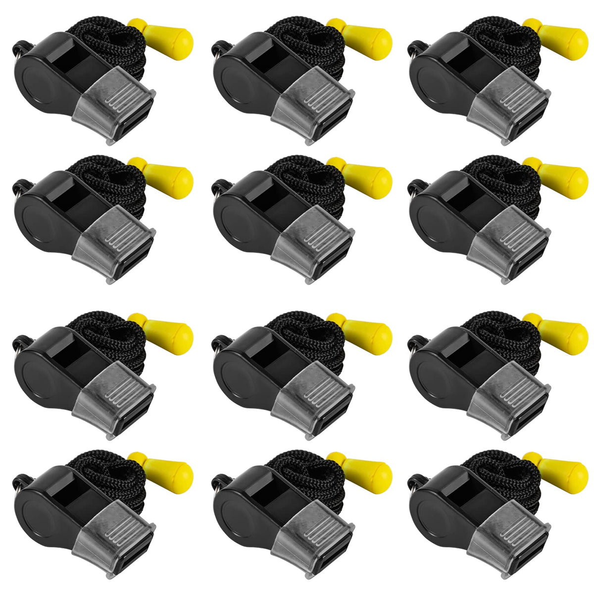 MISUYACO 12 Pack Sport Whistles with Lanyar for Coaches, Referees and Officials, Loud Crisp Sound (12 Pcs(Black))