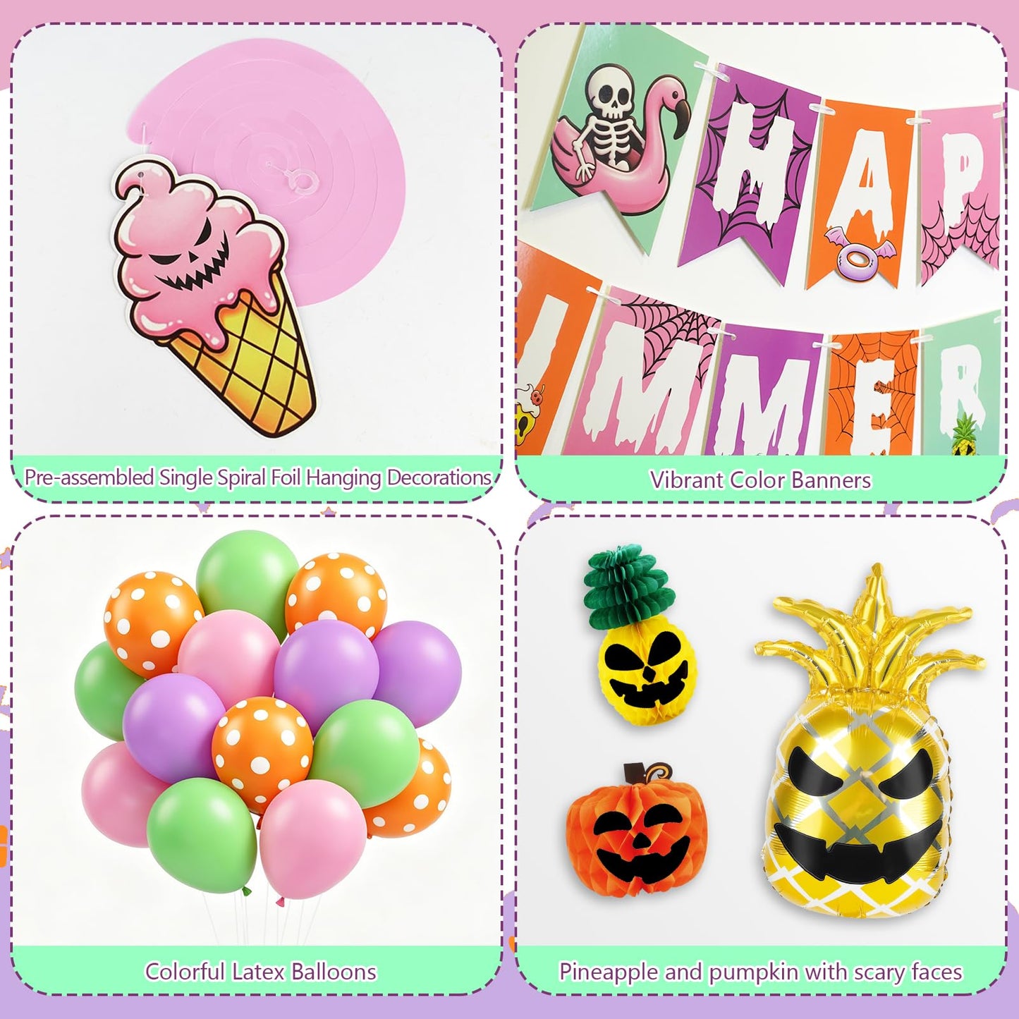91Pcs Summerween Decorations Set - Summer Halloween Party Decorations with Happy Summerween Banner, Ghost Pineapple Balloons, Honeycomb Balls & Swirls - Spooky Summer Party Supplies for Birthday