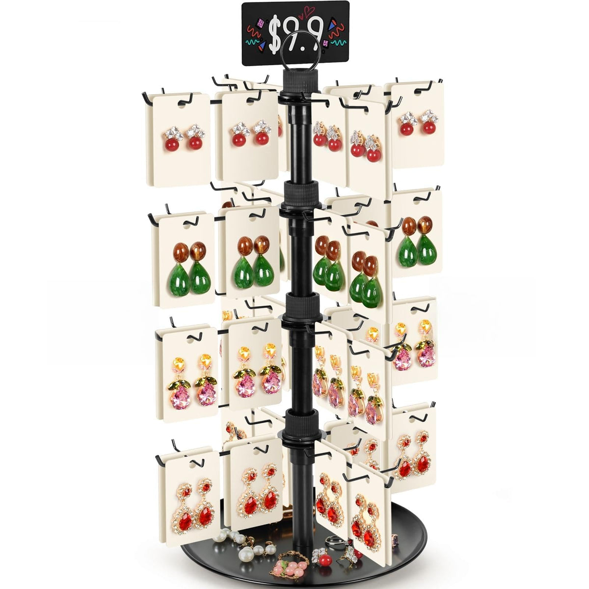 GEAMSAM Jewelry Display for Vendors with 80 Hooks, 4 Tier Rotating Display Stand Earring Holder Organizer Adjustable Height, Earring Rack Keychain Necklace Bracelet Display for Retail