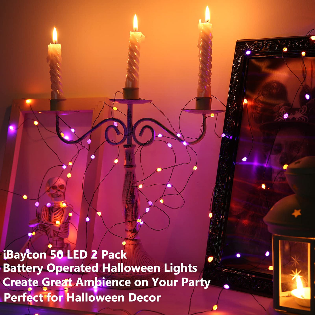 iBaycon 2 Pack 50 LED Battery Halloween Lights, 16.4ft Battery Operated Halloween Lights, Orange Purple Waterproof Twinkle Fairy Lights with 8 Modes & Timer for Indoor Outdoor Halloween Decorations