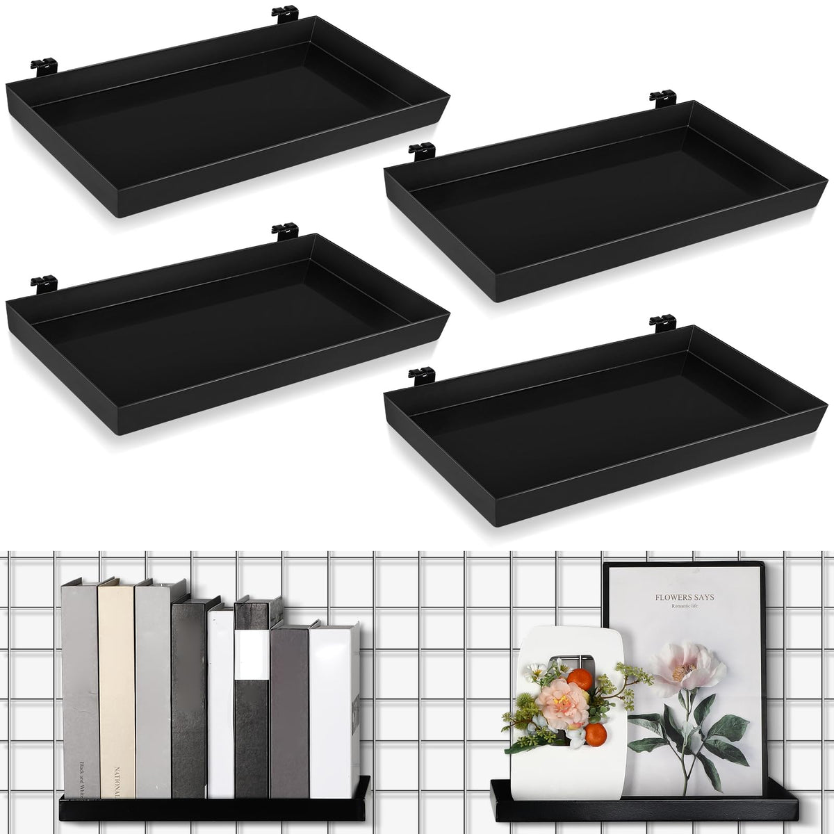 Coume 4 Pcs Grid Panel Display Shelf 11.8 x 7.87 Inch Metal Display Rack Gridwall Shelving Wall Organizer Grid Wall Panels Hanger Accessory for Crafts Room, Garage, Workbench, Office, Retail