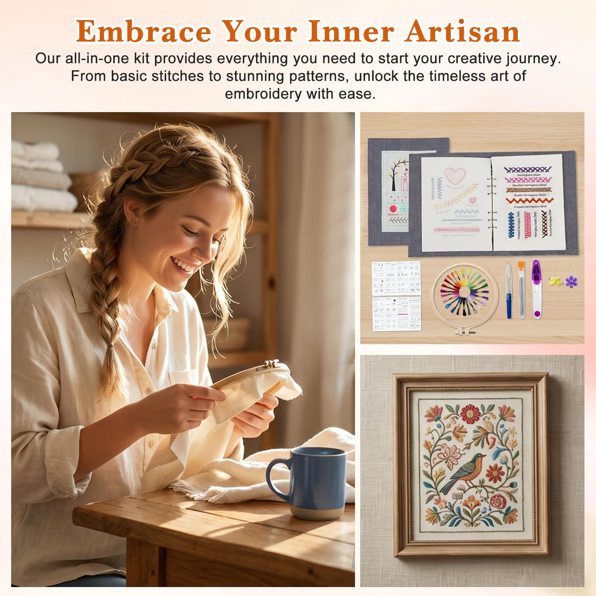 Tofficu Upgraded Embroidery Stitch Book Kit - Beginner Cross Stitch Kit with 6-Ring Binder, 180 Patterns, 24-Color Threads & Tools, All-in-One Embroidery Starter Practice Book for Adults DIY Craft