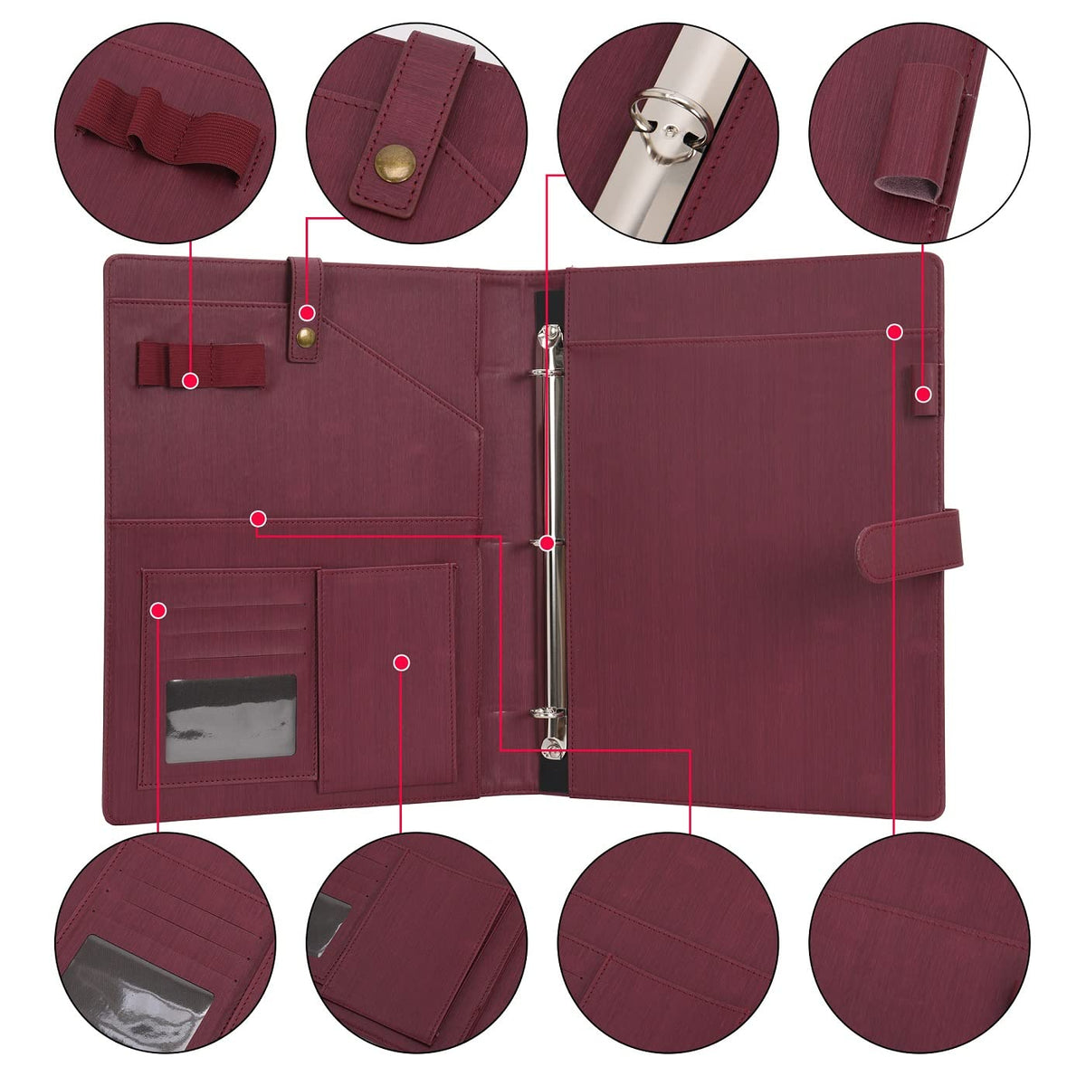 Wonderpool A4 PU Leather Portfolio Holder Ring File Document Case with Removable Binder Clipboard, Multi Pocket and Legal Pad for Business Organizer Interview and Meeting (Wine red)