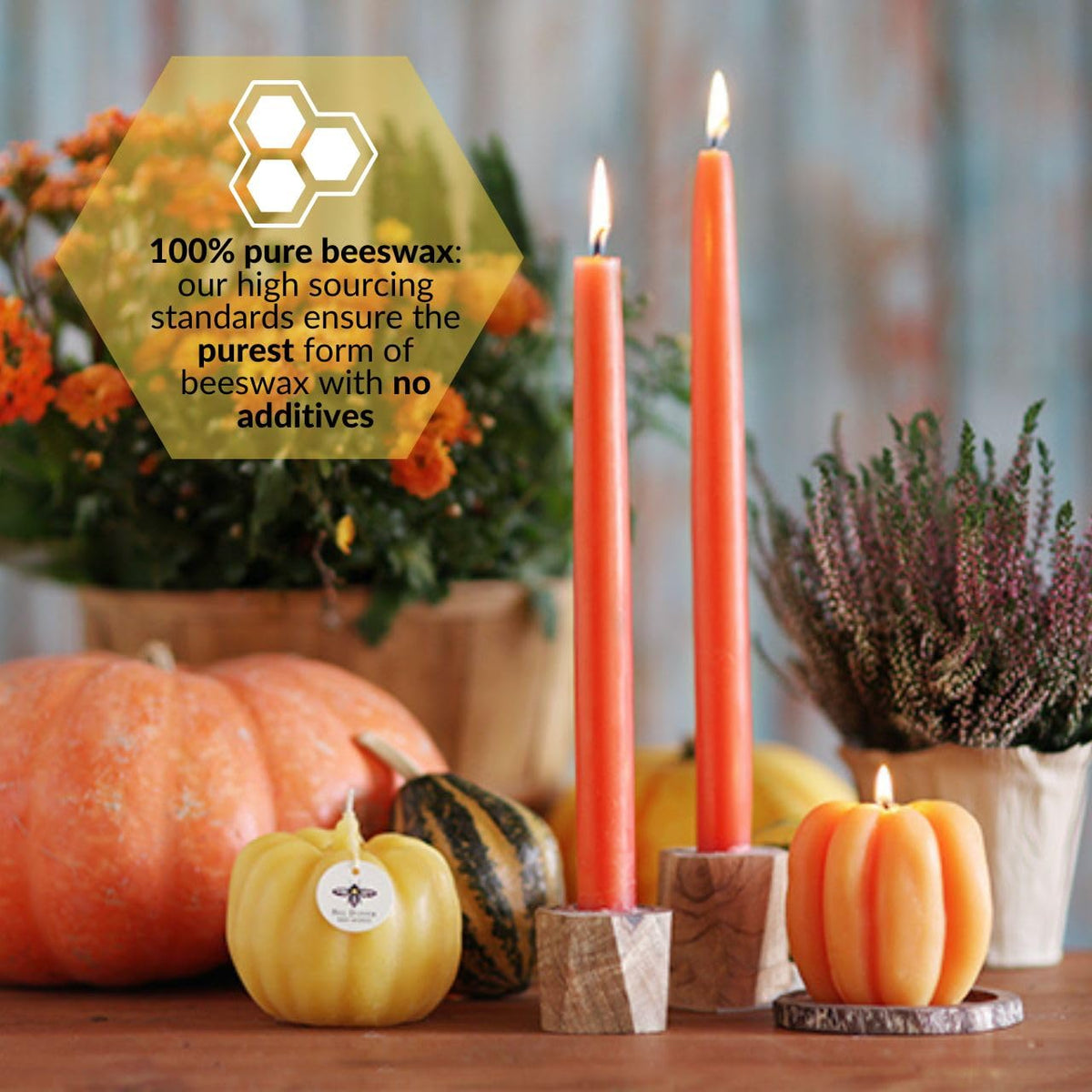 Big Dipper Wax Works Pumpkin Hand-Dipped Beeswax Taper Candles – 12” x 7/8”, 2-Pack, 100% Pure Beeswax, Long Burning, Clean, Cotton Wick, Handmade in USA, Home Décor & Wedding Candles