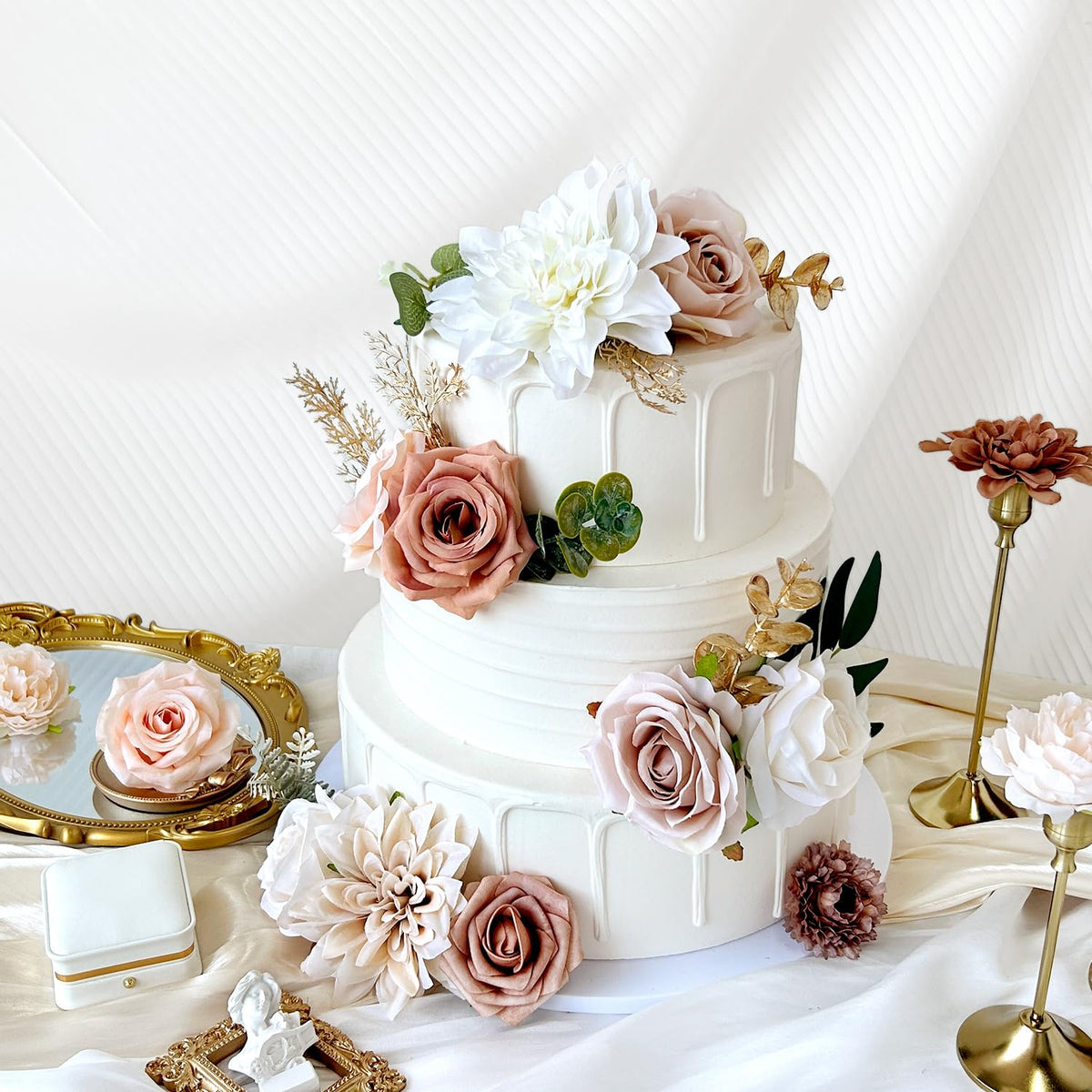 Artificial Flowers Combo Box Set Terracotta Silk Roses Dahlia with Stems DIY Bridal Wedding Bouquets Cake Gold Boho Nude Beige Fake Floral Arrangements Baby Shower Party Table Centerpieces Home Decor