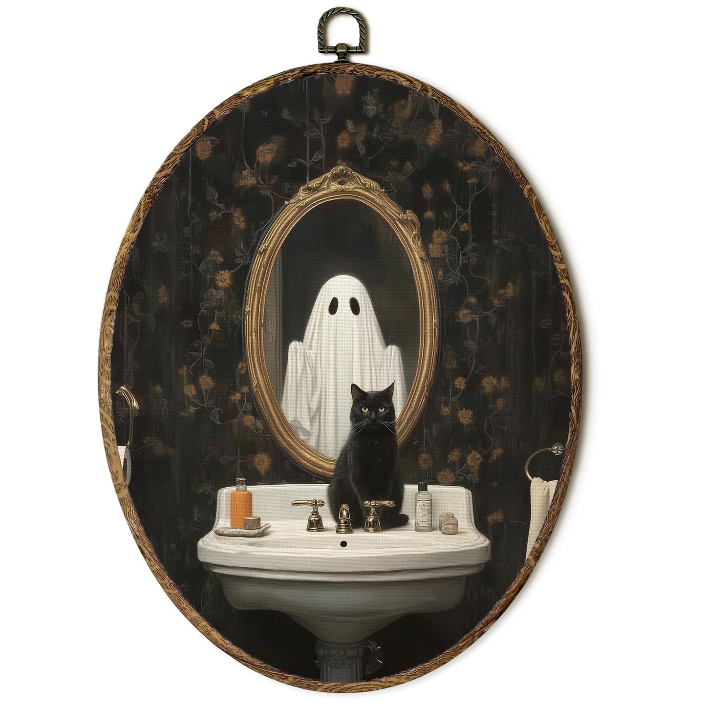 OINDADE Halloween Ghost Bathroom Oval Wall Art Decor, Fall Spooky Ghost Wall Art Hanging Decor, Halloween Fall Season Gothic Black Cat Framed Canvas Artwork for Bathroom Washroom Toilet, 8.8x11.5in