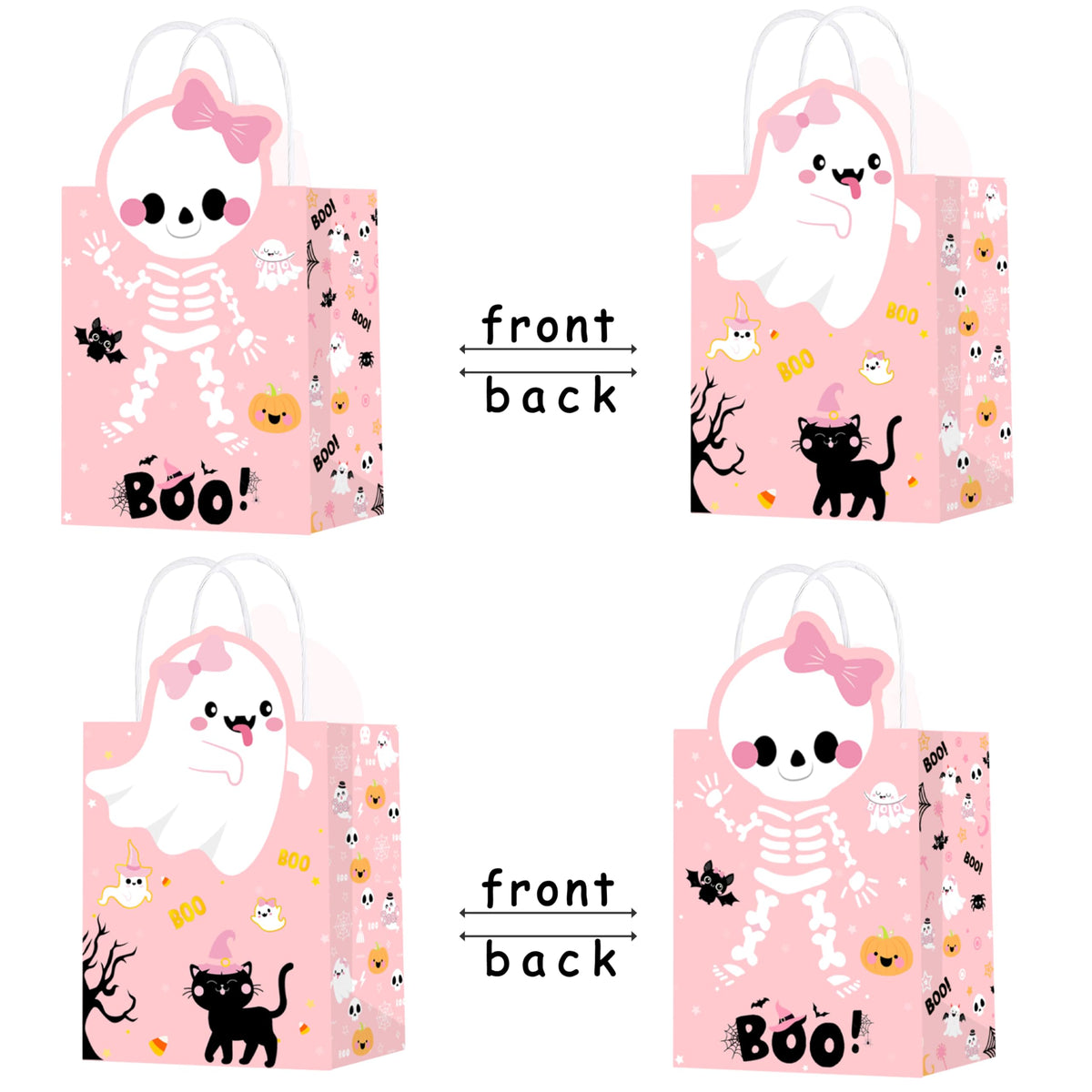 C L cooper life Halloween Party Tote Gift Bags with Handles 12pcs Pink Halloween Ghost Skull Candy Goodies Bags for Girls Ghost Bat Pumpkin Themed Trick or Treat Party Favor Supplies