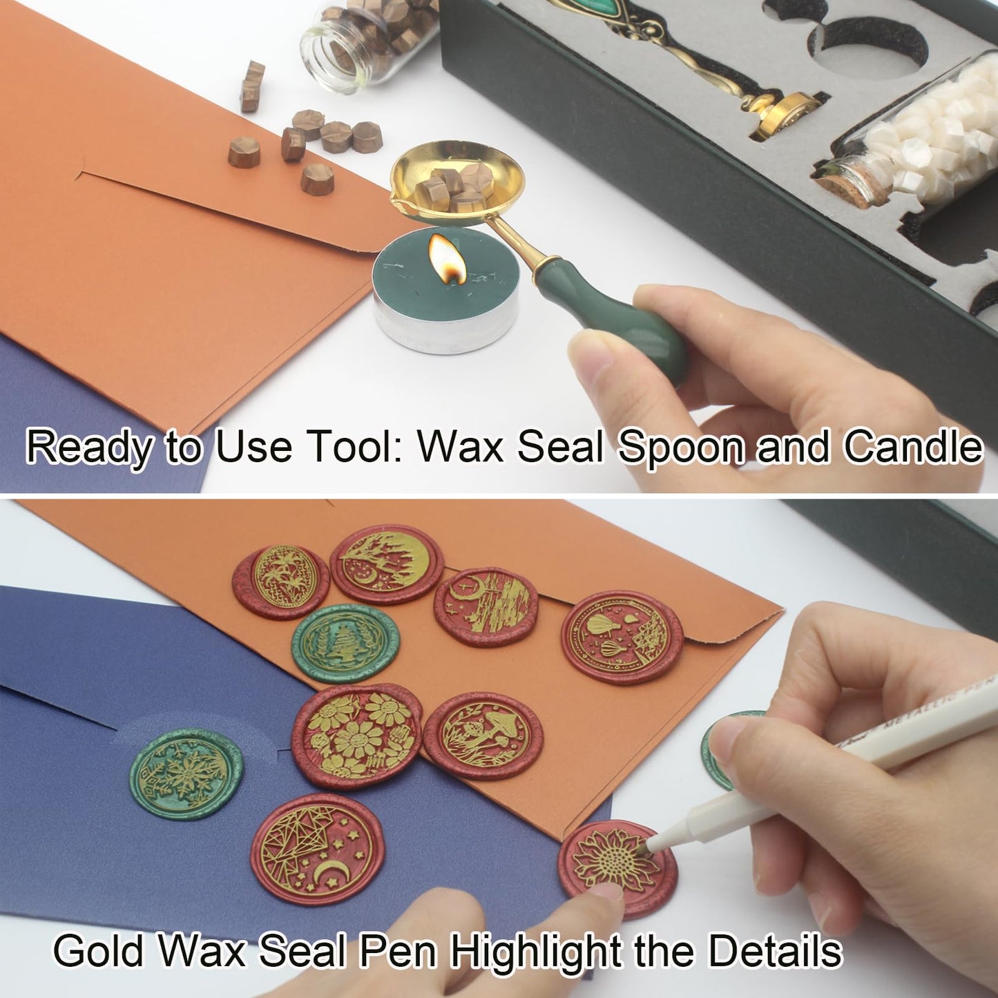 Letter Wax Seal Stamp Kit, Andotopee Wax Seal Kit Initial Alphabet V Sealing Wax Stamp Head 3pcs, Vintage Wax Stamp Seal Kit with Wax Seal Beads, Wax Seal Warmer Tools, Wax Seal Pen, Gift Box Set