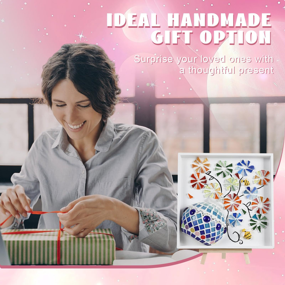 Fuyoooo 2 Sets DIY Vase Mosaic Painting Kit DIY Mosaic Arts and Craft Kits Tiles Crafts with Flower Accessories Creativity Handmade Artwork for Adults Gift Making Home Decoration(Vase Flower)