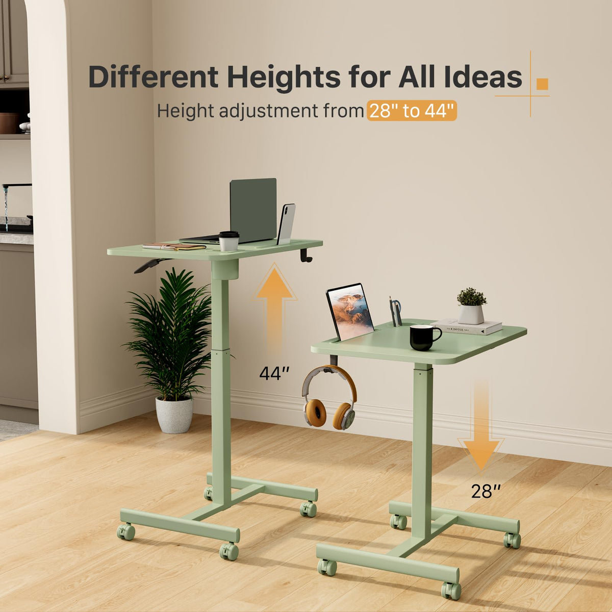 Liftsync Mobile Standing Desk, 28 inch Rolling Laptop Cart Adjustable Height with Cup Holder, Portable Table with 4 Lockable Wheels, Green Computer Workstation with Hook and Slots for Home Office