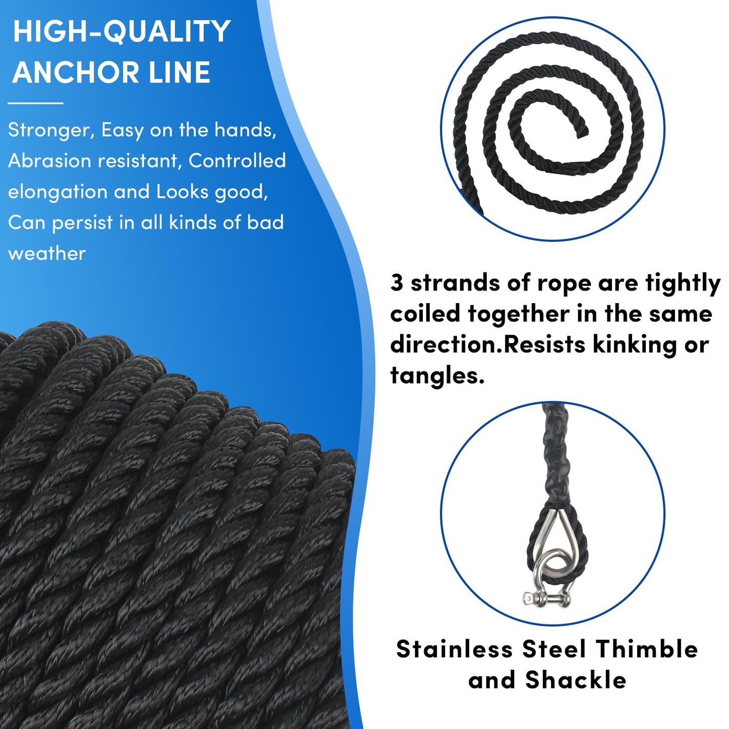 VEITHI Boat Anchor Rope 150 ft x 1/2 inch Black, 3 Strand Anchor Line Marine Rope with Stainless Steel Thimble & Shackle Ideal for Towing,Docking,Boats,Mooring,Anchoring,for Boats Up to 35'