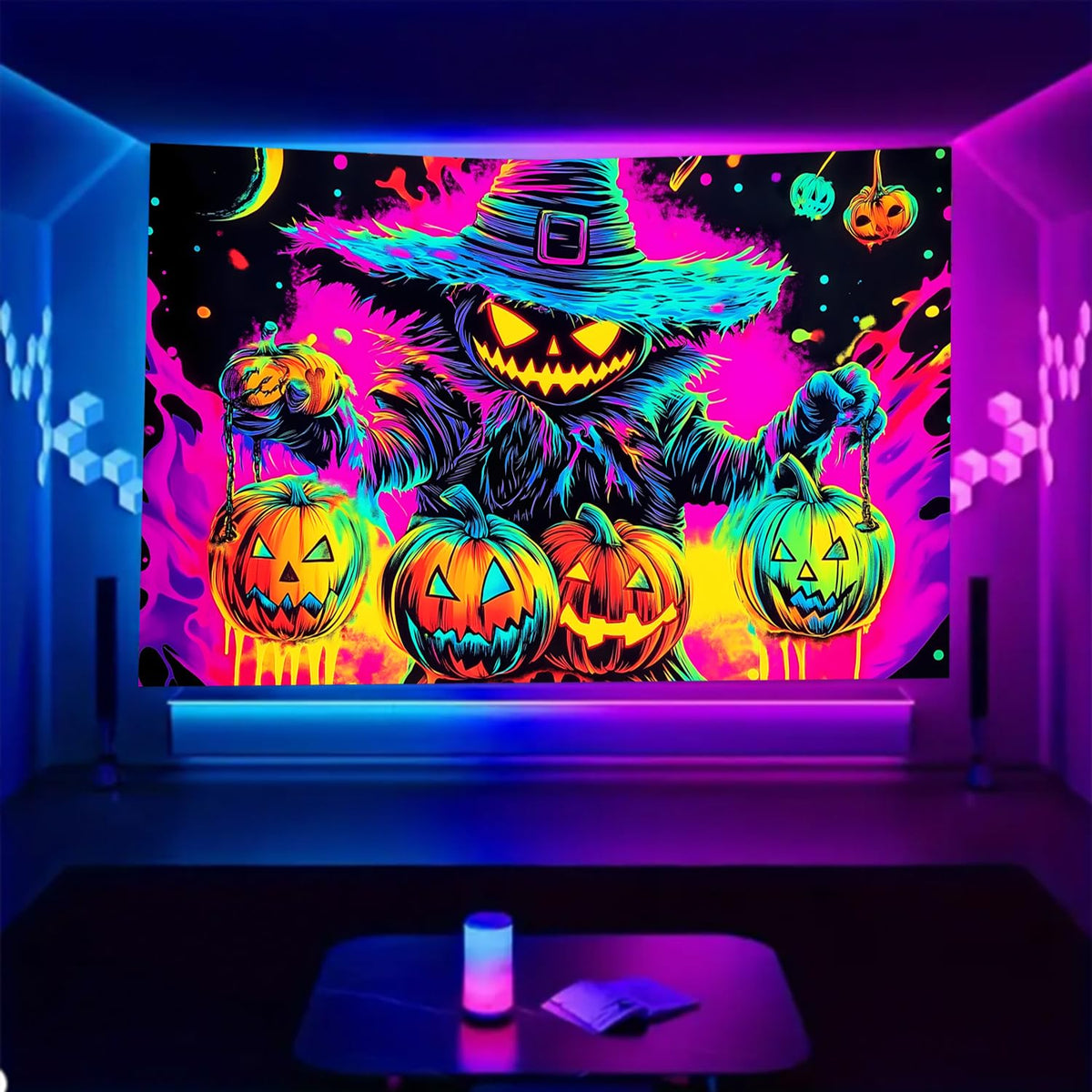 BSFHH Black Light Tapestry – UV Reactive Glow in the Dark Wall Hanging, Spooky Night Scene with Ghosts & Pumpkins, Haunting Home Decor for Parties, Bedroom, or Dorm (Pumpkin, 79L x 59W, Unframed)