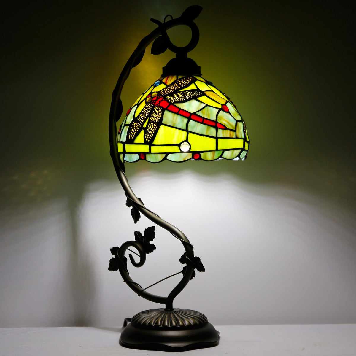 ZJART Tiffany Lamp Stained Glass Table Lamp Metal Leaf Desk Reading Light 8X10X21 Inch Decor Small Space Bedroom Home Office (Green Red Dragonfly)