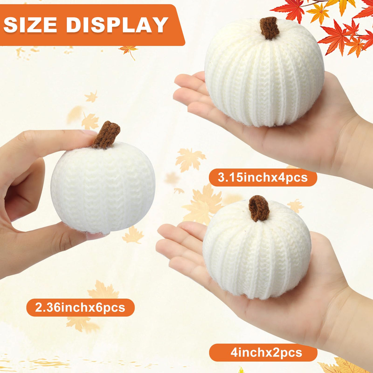 12-Pack Fall Crochet Pumpkins Handmade Fall Decor Set with 2.36, 3.15, 4inch Sizes Knit Pumpkins Farmhouse Thanksgiving Table Centerpiece, Halloween Decorations (White)