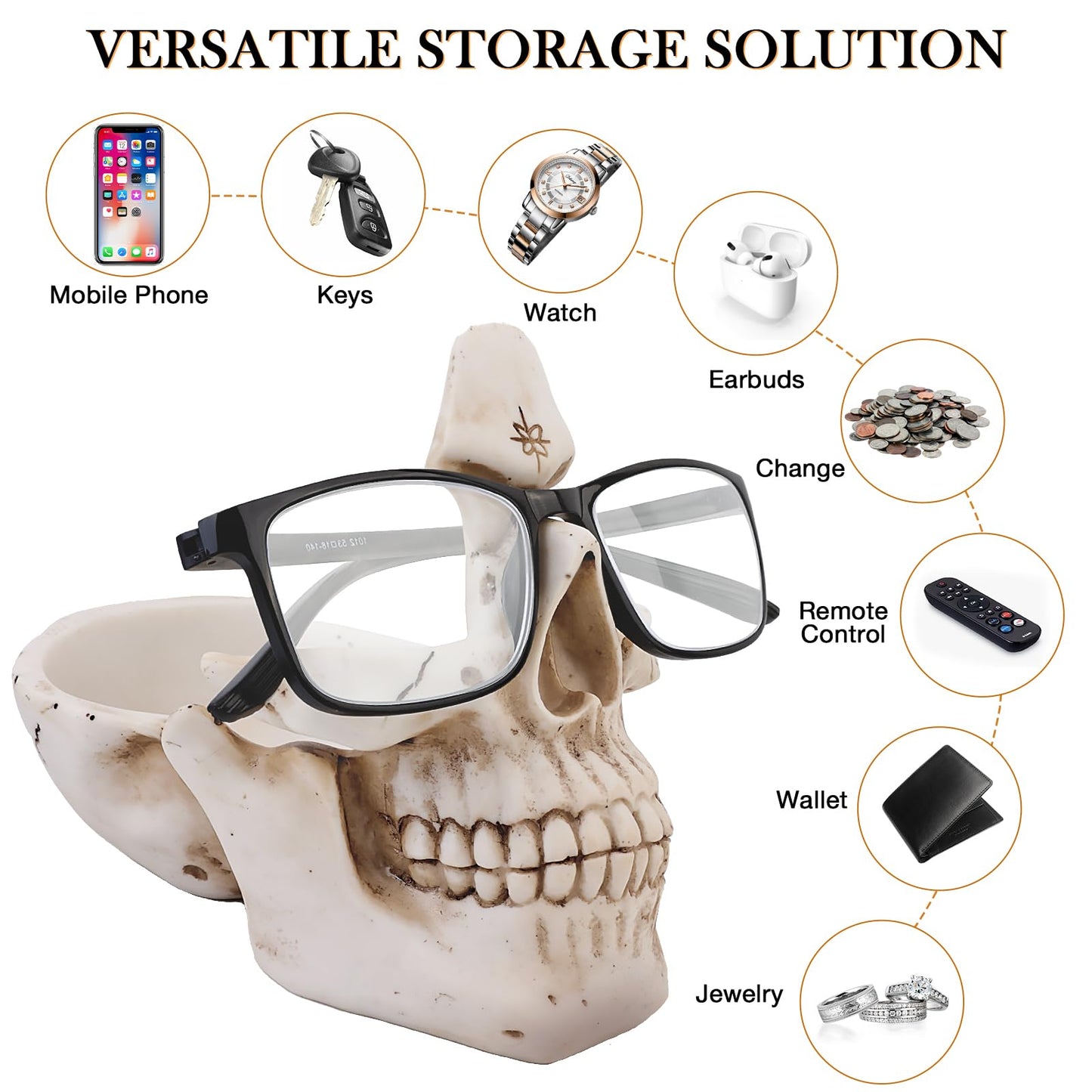 VIPbuy Skull Glasses Holder Stand with Storage Tray , Novelty Eyeglass Holder Rack for Nightstand, Resin Skull Head Sculpture Statue Home Office Desk Decor Gift (White)