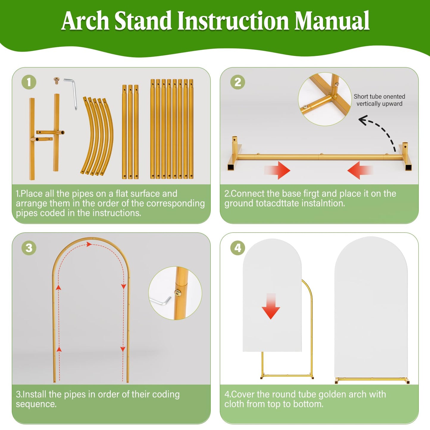Arch Backdrop Stand and Cover Set, 7.2 x 4FT Gold Metal Wedding Arch for Ceremony, Heavy Duty Balloon Arch Stand with White Spandex Cover for Birthday Party, Baby Shower, Graduation, Event Decor