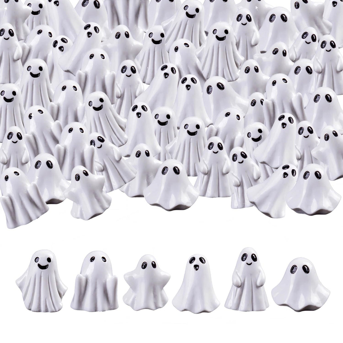 SHIFANQI 60pcs Mini Halloween Ghost Figurines, Small Resin Ghost Statues Miniature Decorations, 6 Styles Cute Spooky Ghost Figures for Tiered Tray Cake Topper Halloween Party Supplies