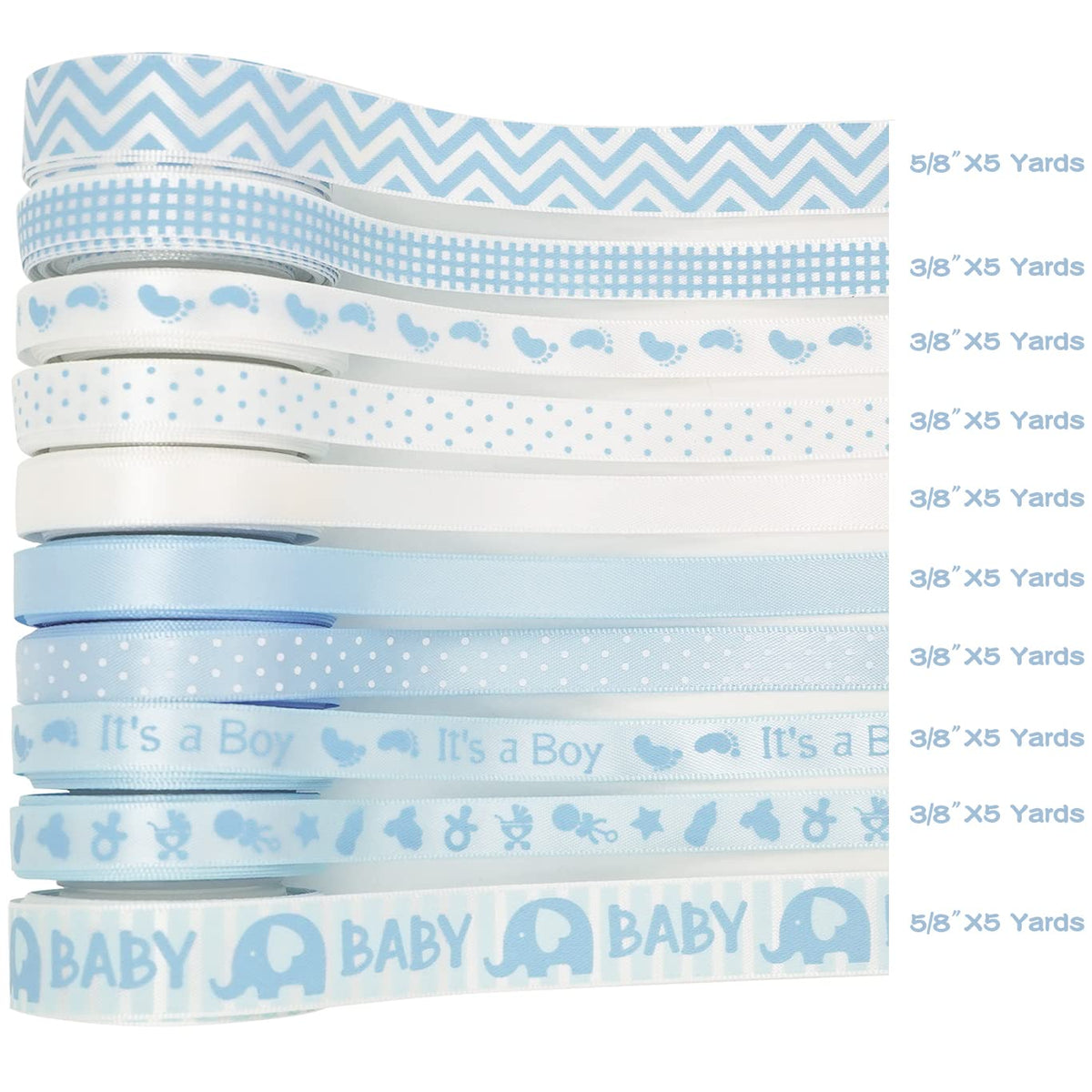 HUIHUANG Baby Blue Ribbon for Baby Shower Its A Boy Blue Ribbons Assorted Foot Print Elephant Satin Ribbon for Gift Wrapping Crafts Diaper Cake Baby Shower Birthday Favor-5 Yards Each Total 50 Yards