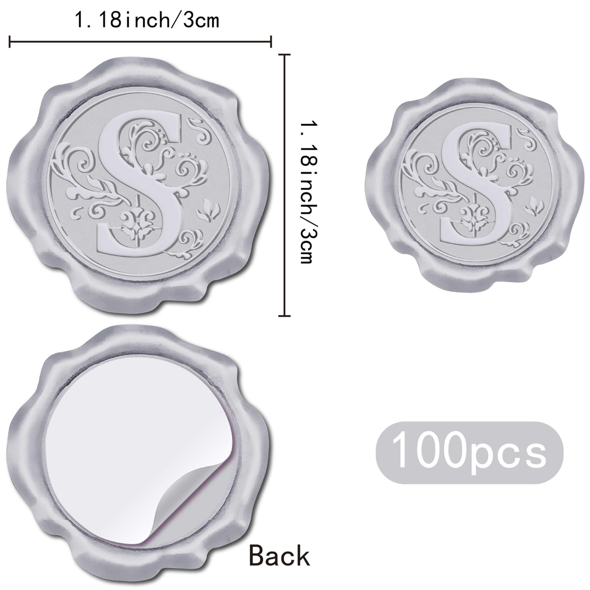 CRASPIRE 100pcs Initial S Wax Seal Stickers Silver Letter Alphabet Self Adhesive Seal Stickers Sealing Label Decal for Gift Wrapping Wedding Birthday Cards Making Christmas Invitations Envelope