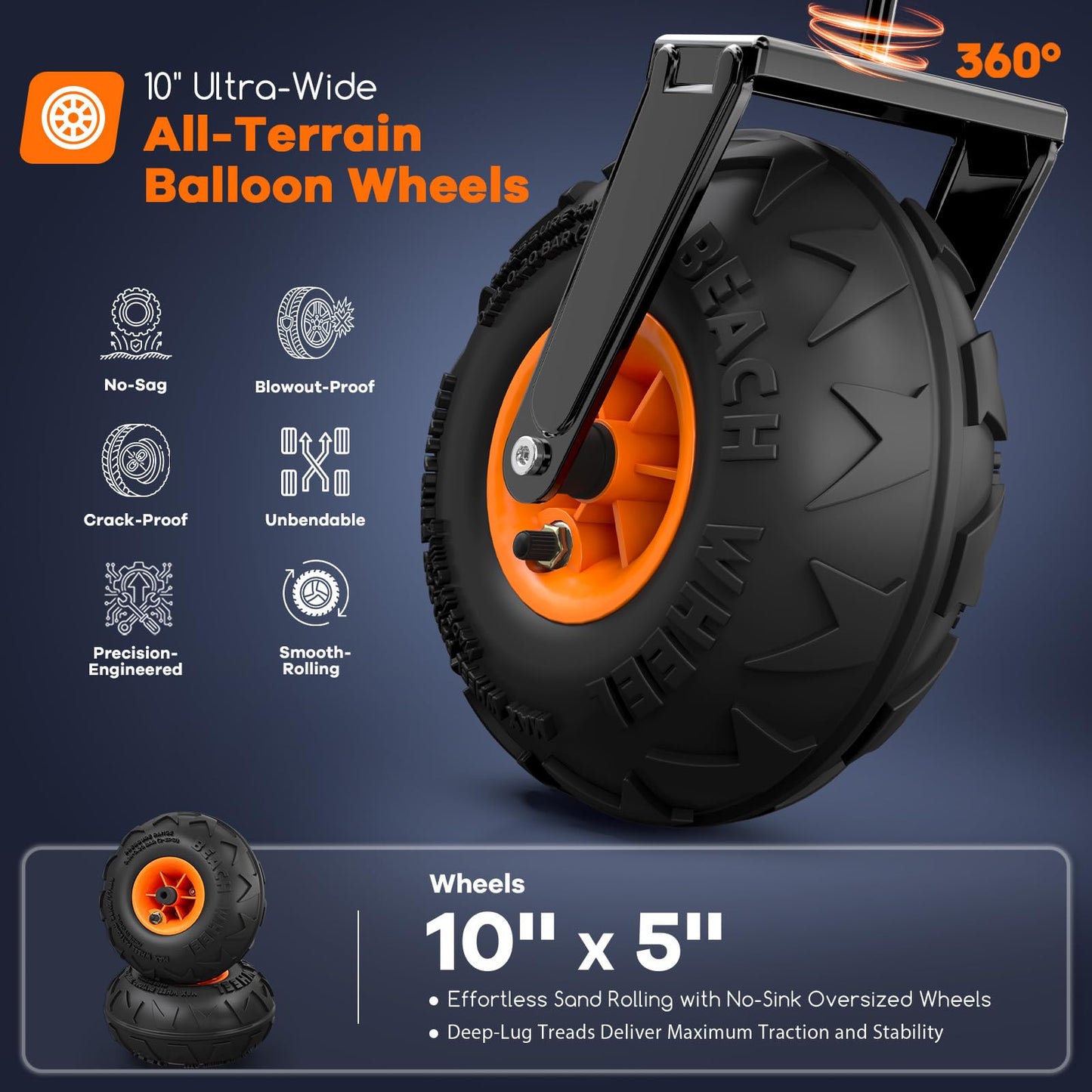 48"L Collapsible Beach Wagon with Big 10" Balloon Wheels for Sand, 560lbs Weight Capacity 300L Wagons Carts Foldable Heavy Duty with All Terrain Tires, Folding Cart for Camping, Grocery, Sport - Black