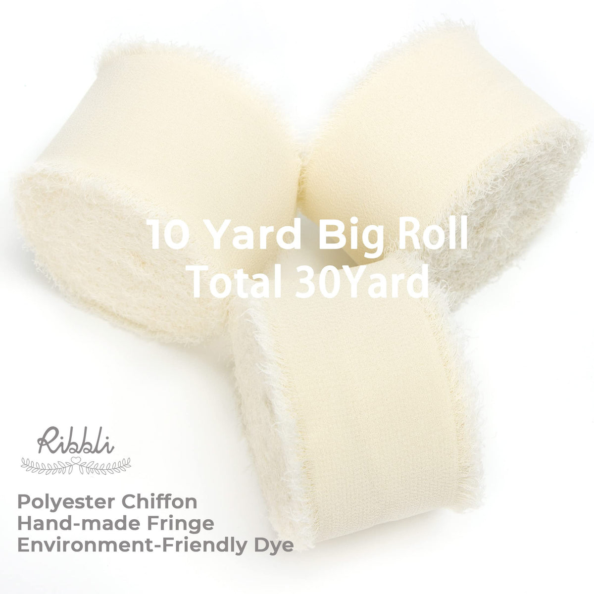 Ribbli Ivory Chiffon Ribbon 1-1/2 inch x 30 Yard Handmade Fringe Chiffon Ivory Silk Ribbon,Cream Ribbon for Wedding Invitations, Bridal Bouquets Wrapping, Flower Arrangement Decoration