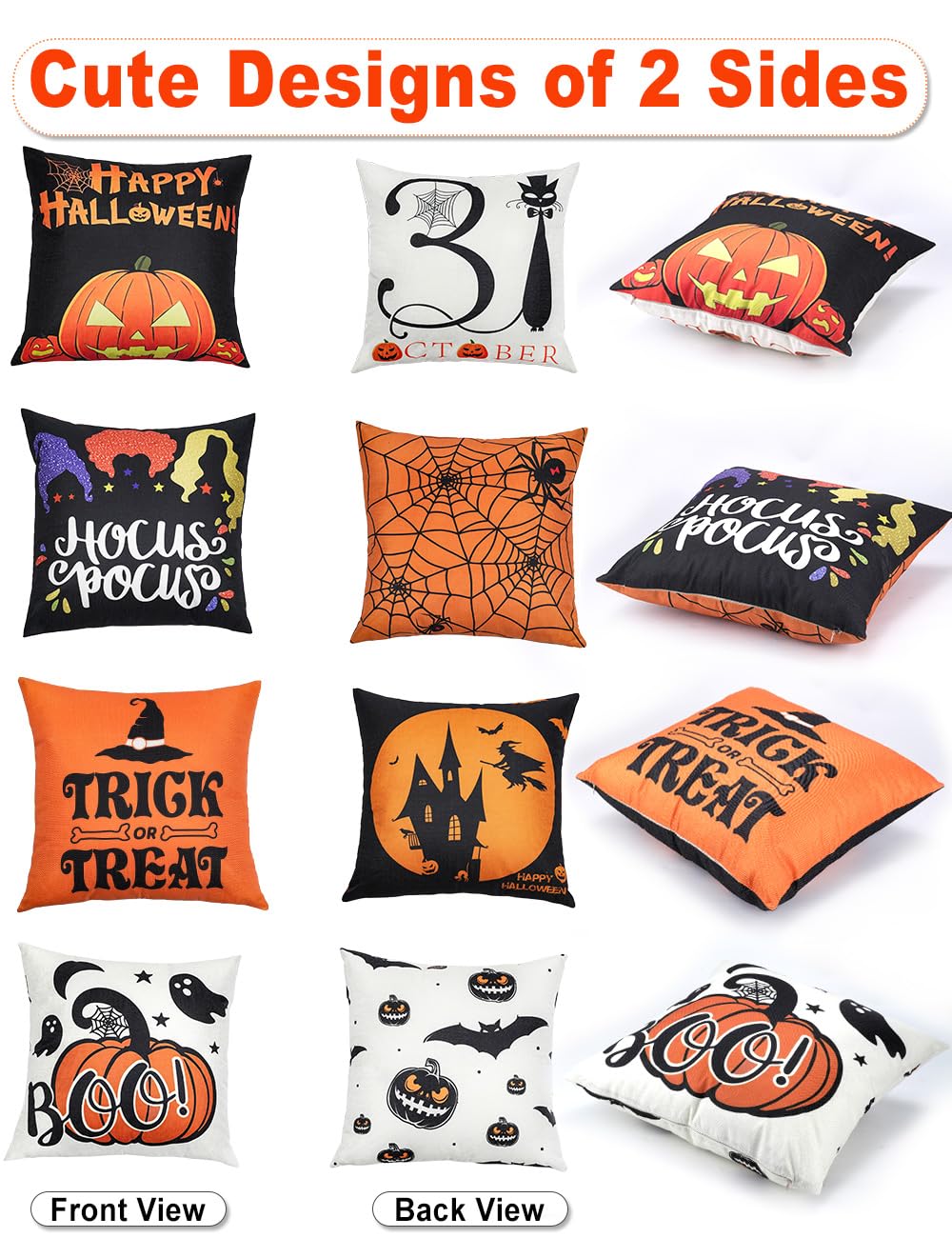TOYPOPOR Halloween Decorations Double-Side Printing Pillow Covers 16'' x 16'' Set of 4, with 8 Cute Halloween Decor Patterns, Invisible Zipper, Durable Soft Linen Throw Pillow Covers Outdoor Indoor