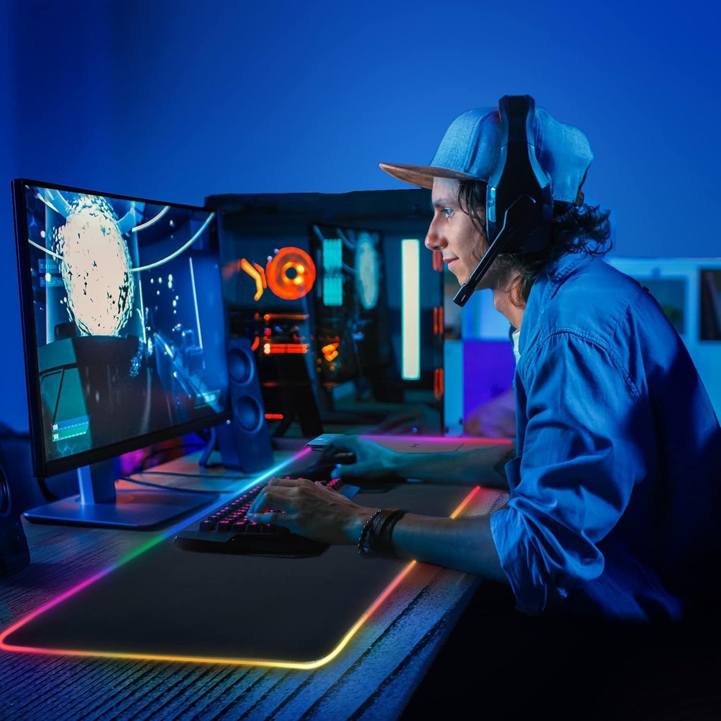 Mouse Pad with Wireless Charging, Large Desk Mat RGB Gaming Mousepad, 10 Light Colors LED Gaming Pad Keyboard Pad with Ultra-Smooth Surface & Non-Slip Rubber Base, Waterproof Full Desk Mouse Pad
