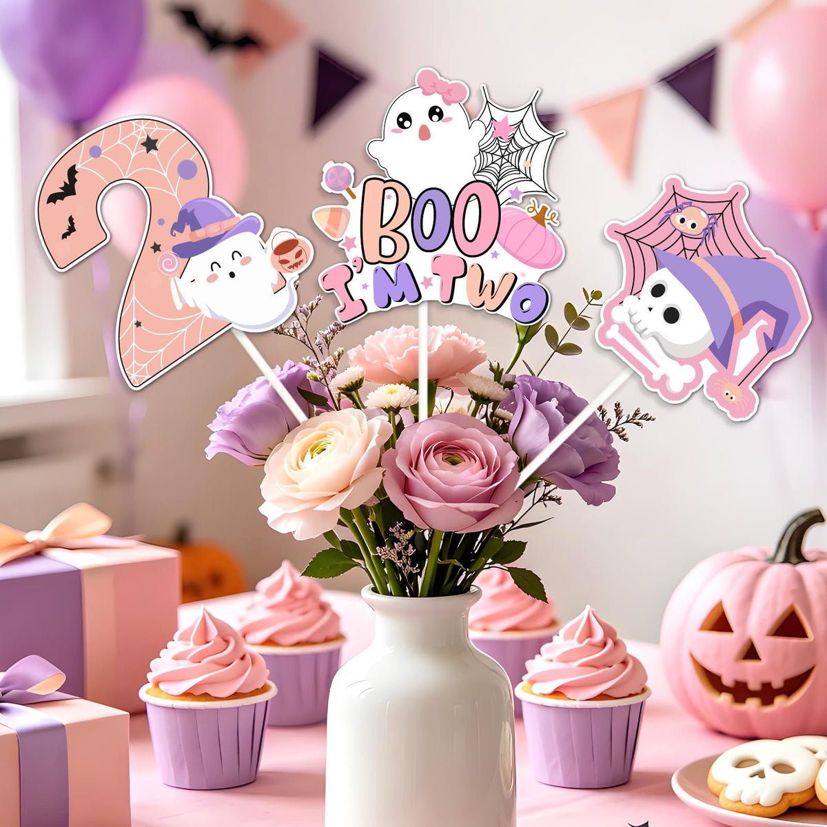 Fangleland 24PCS Halloween 2nd Birthday Centerpiece Sticks, Pink Purple Boo I'm Two Table Toppers Cute Ghost Pumpkin Photo Booth Props, Two Spooky 2 Year Old Party Supplies for Girls