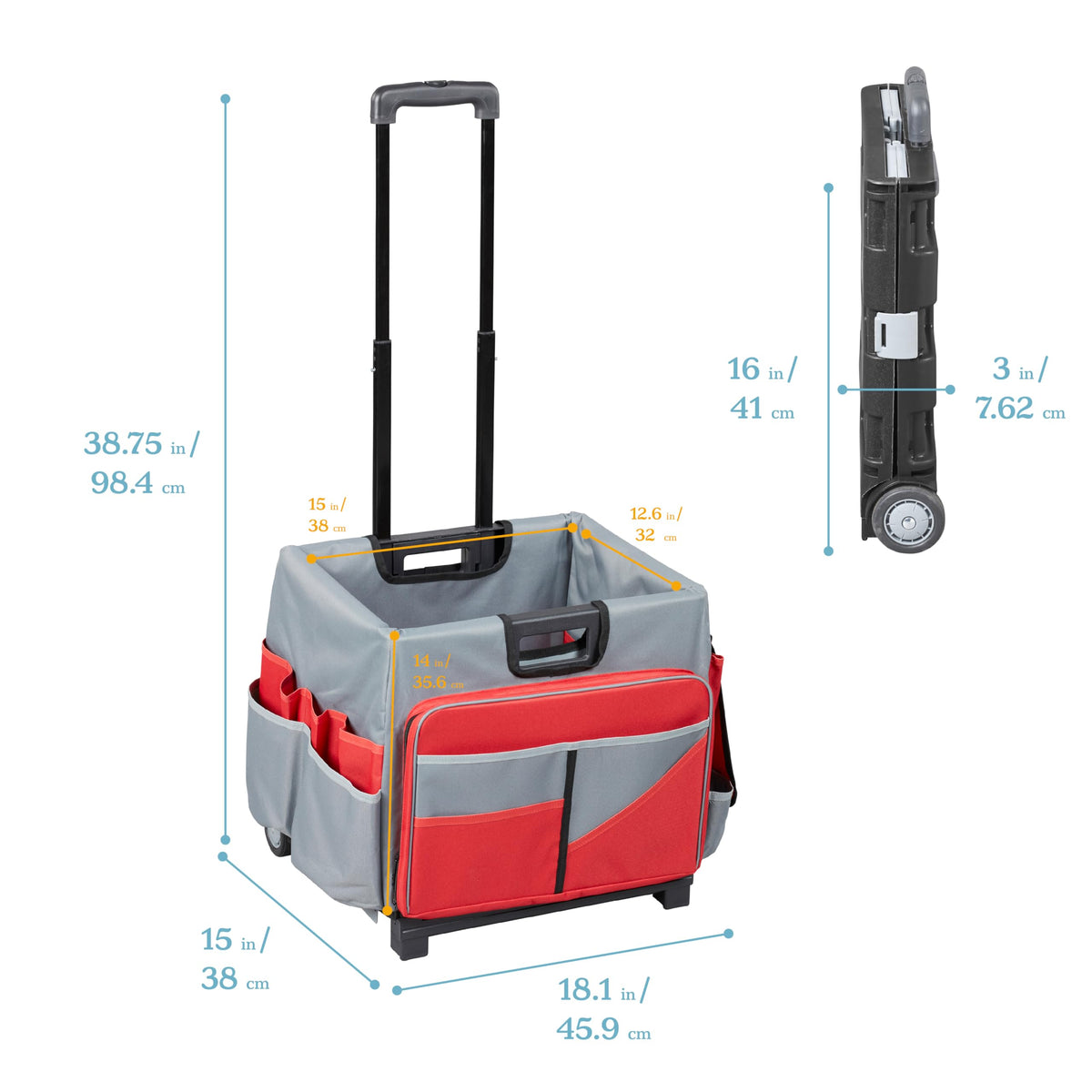 ECR4Kids Universal Rolling Cart with Canvas Organizer Bag, Mobile Storage, Red/Grey