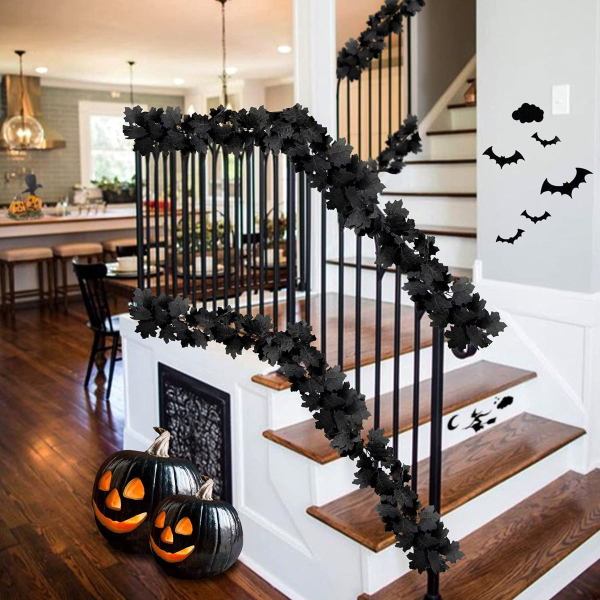 Black Maple Leaf Garland, 2PCS Halloween Artificial Hanging Fall Leave Vines, Fall Floral Garlands Thanksgiving Decor for Home Wedding Party (11.8FT)