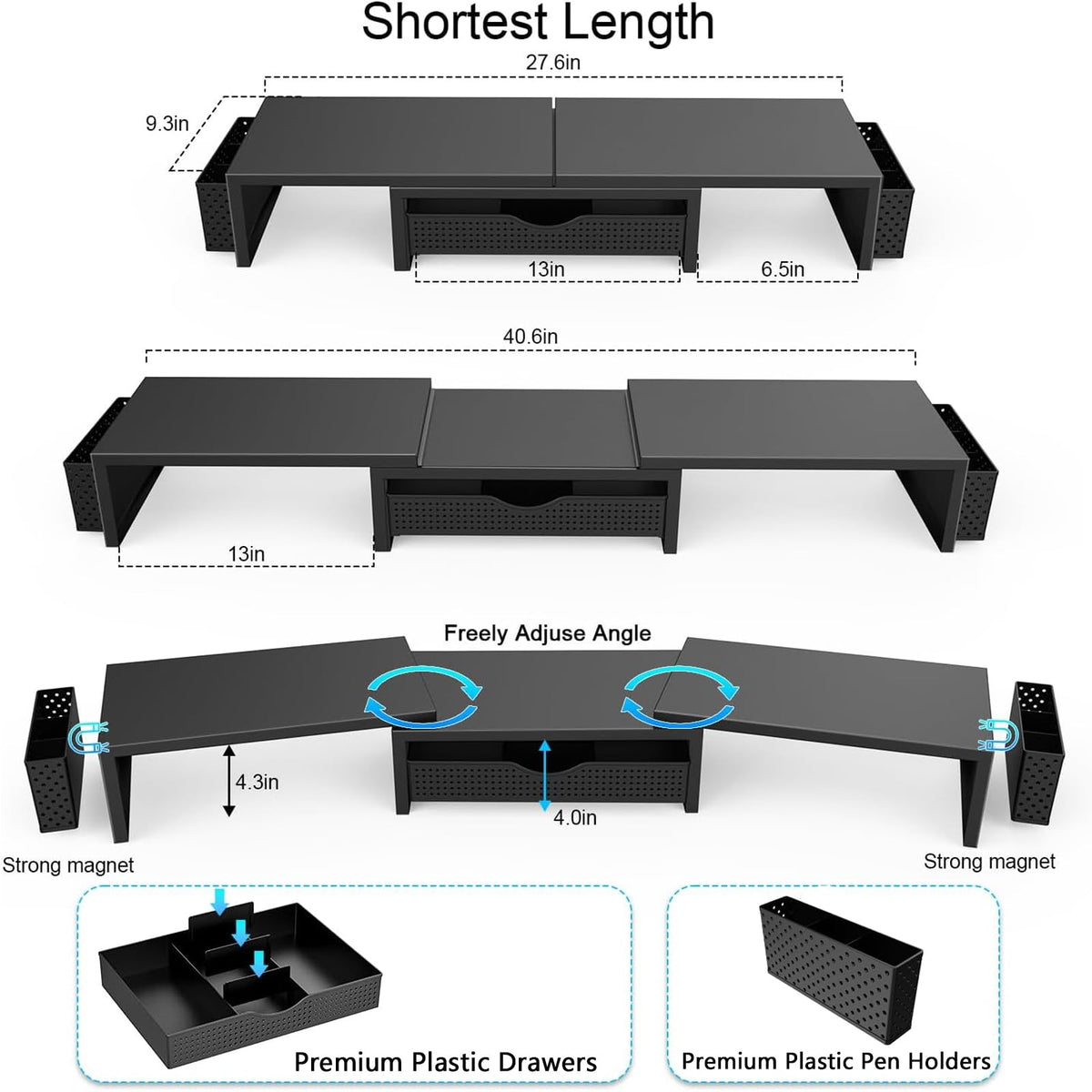 gianotter Dual Monitor Stand Riser, Desk Organizer With Drawer and 2 Pen Holders, Computer Monitor Stand, Desk Shelf for Top of Desk (Black)