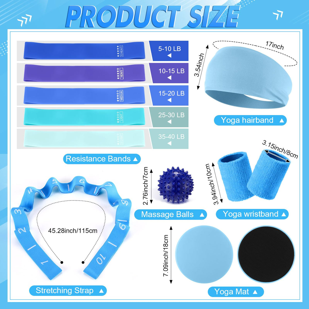 Poen 18 Pcs Home Pilates Ball and Ring Circle Set Yoga Fitness Essentials Kit with 5 Resistance Band Stretching Strap Non Slip Sock Ball Core Slider Wristband Headband Gym Bag for Women(Blue)
