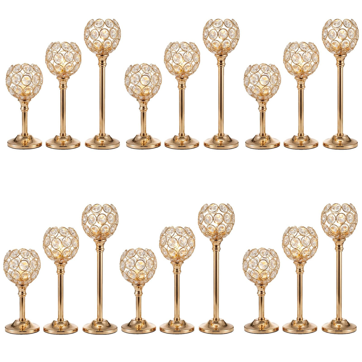 HearthLume Candle Holder Candlestick Holders- 6Set Gold Crystal Pillar Candle Holders,Metal Candlestick Stands for Wedding Centerpieces,Table Decor for Church,Valentine's Day Housewarming Gift,18Pcs