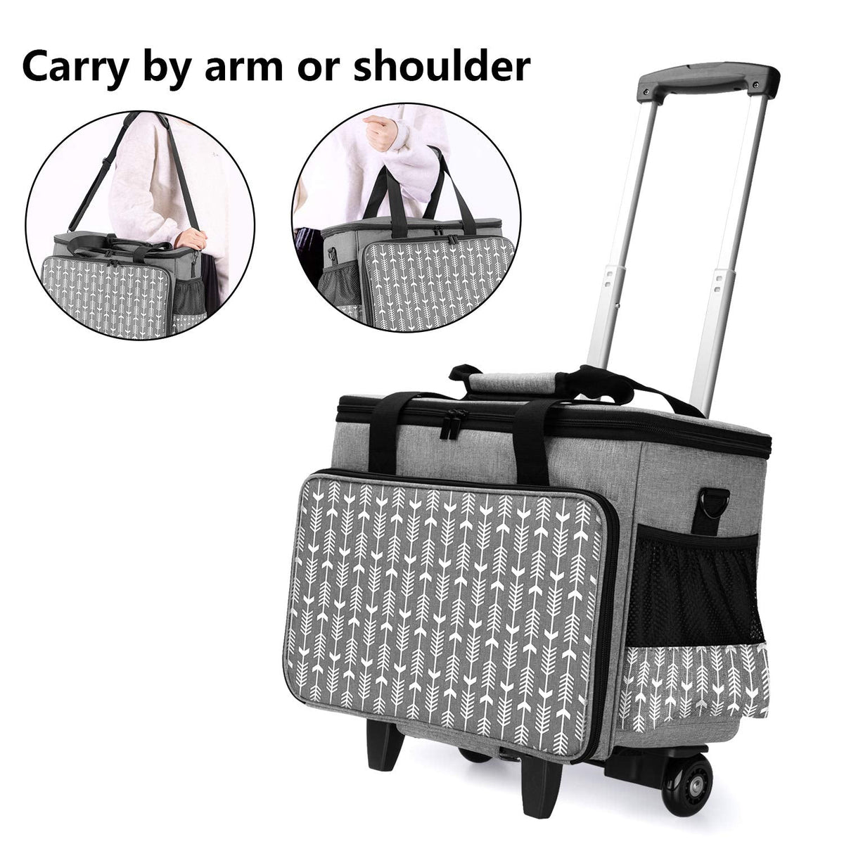 Yarwo Upgraded Rolling Sewing Machine Carrying Case, Detachable Trolley Tote Bag with Removable Bottom Board and Thickened Trailer Leg for Most Standard Sewing Machine and Accessories, Gray with Arrow