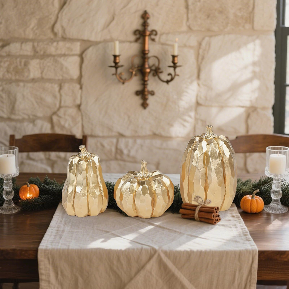 DETENE 3 Pack Thanksgiving Gold Pumpkins, Pumpkin Fall Decoration - Elegant Autumn Harvest Decor for Fall, Thanksgiving & Halloween, Perfect for Home, Table, Fireplace Mantel, Office & Kitchen