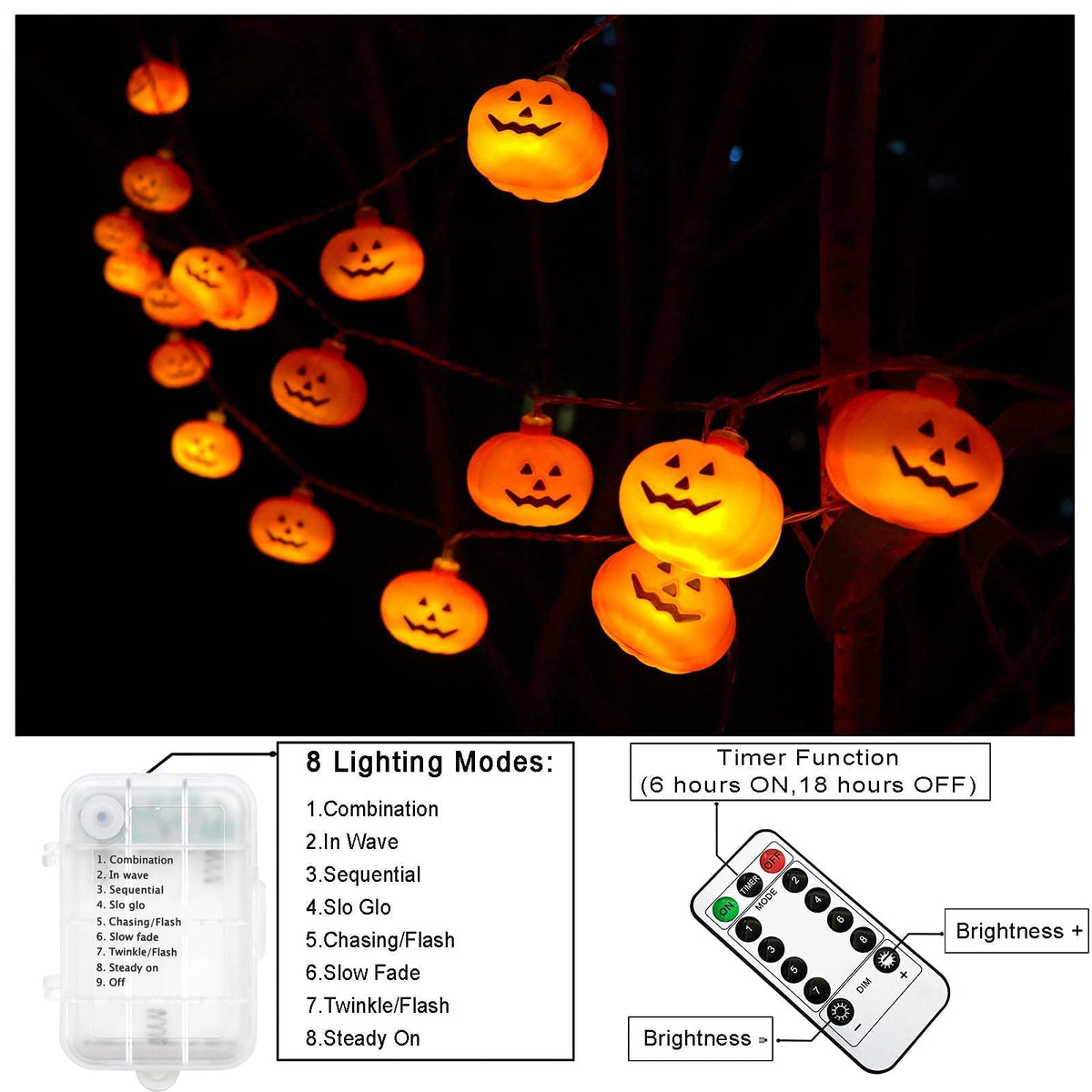 Runleo Halloween Decorations Pumpkin String Lights, 30 LED 16.4 FT 8 Modes Timer 3D Waterproof Orange Jack-O-Lantern Battery Operated Decorative Twinkle Lights for Indoor Bedroom Camper Party Decor